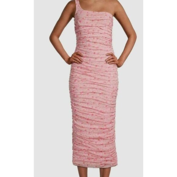 Elegant Womens Pink Floral One-Shoulder Ruched Midi Dress By Likely Size 12 Sexy - Picture 2 of 15